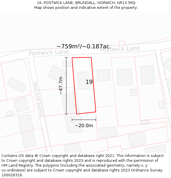 19, POSTWICK LANE, BRUNDALL, NORWICH, NR13 5RQ: Plot and title map
