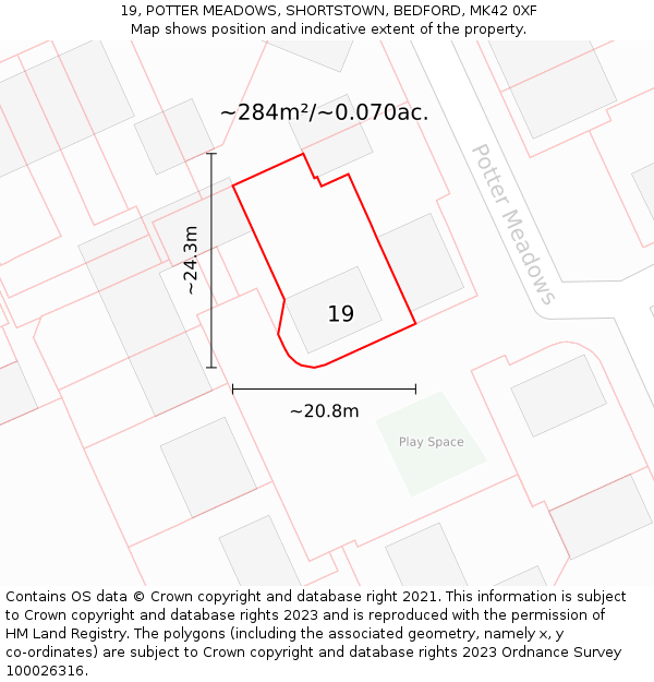 19, POTTER MEADOWS, SHORTSTOWN, BEDFORD, MK42 0XF: Plot and title map