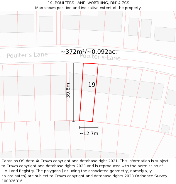 19, POULTERS LANE, WORTHING, BN14 7SS: Plot and title map