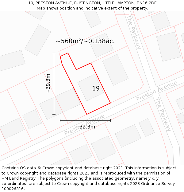19, PRESTON AVENUE, RUSTINGTON, LITTLEHAMPTON, BN16 2DE: Plot and title map