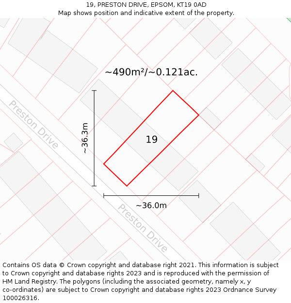19, PRESTON DRIVE, EPSOM, KT19 0AD: Plot and title map