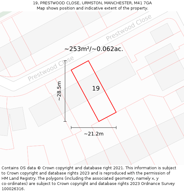 19, PRESTWOOD CLOSE, URMSTON, MANCHESTER, M41 7GA: Plot and title map