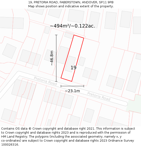19, PRETORIA ROAD, FABERSTOWN, ANDOVER, SP11 9PB: Plot and title map