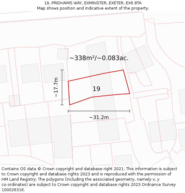 19, PRIDHAMS WAY, EXMINSTER, EXETER, EX6 8TA: Plot and title map