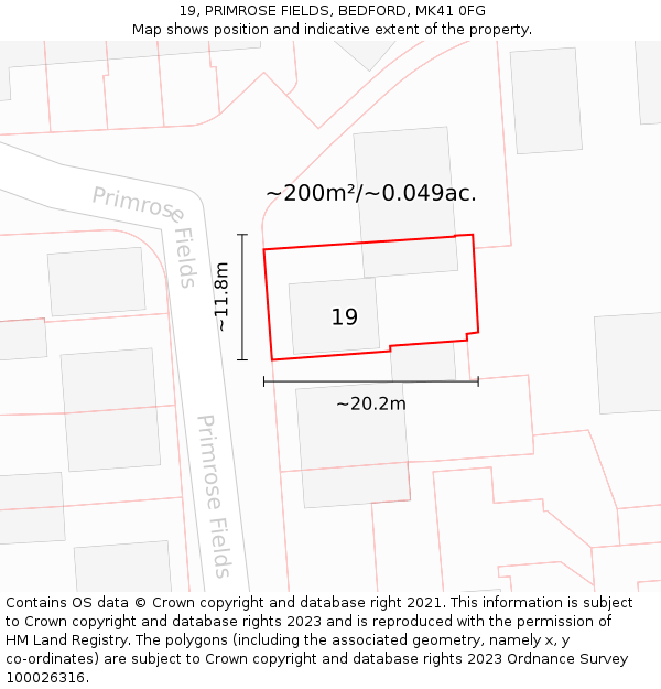 19, PRIMROSE FIELDS, BEDFORD, MK41 0FG: Plot and title map