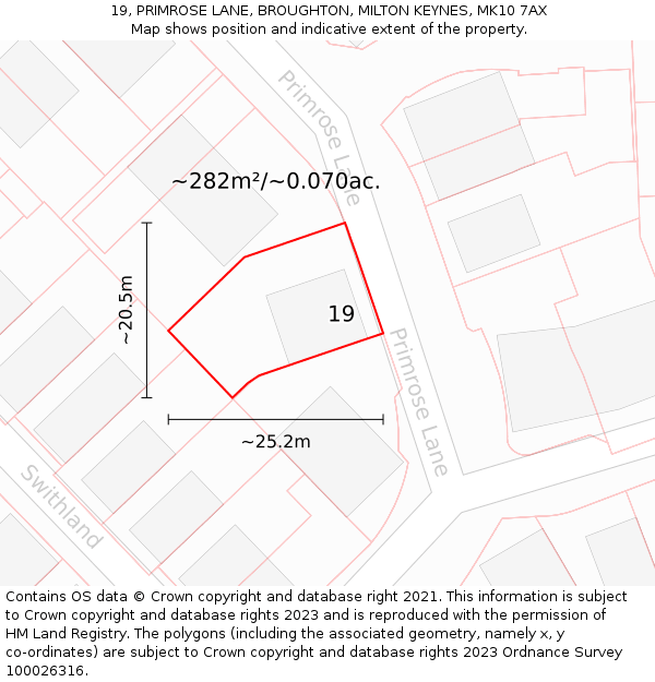 19, PRIMROSE LANE, BROUGHTON, MILTON KEYNES, MK10 7AX: Plot and title map