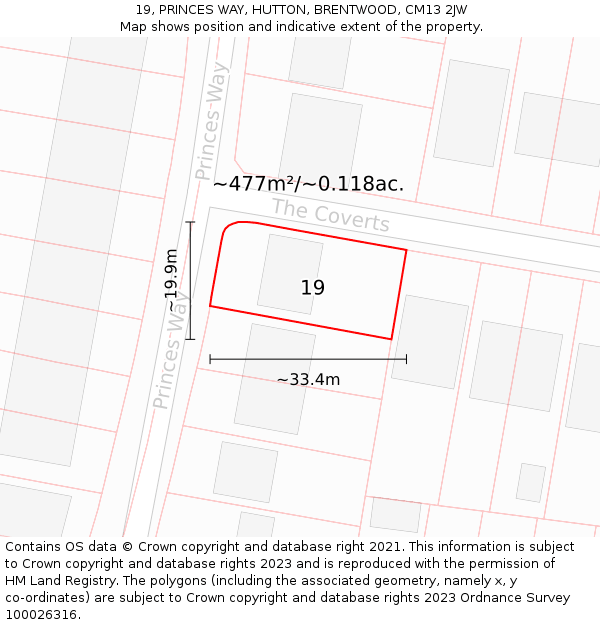19, PRINCES WAY, HUTTON, BRENTWOOD, CM13 2JW: Plot and title map