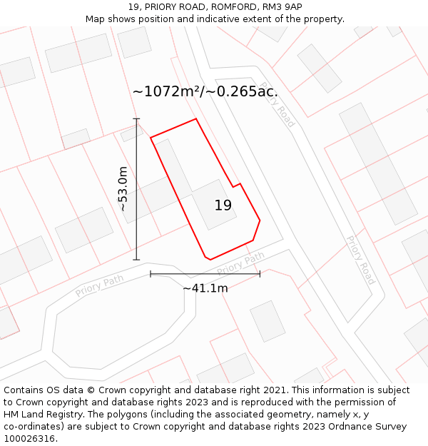 19, PRIORY ROAD, ROMFORD, RM3 9AP: Plot and title map