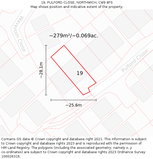19, PULFORD CLOSE, NORTHWICH, CW9 8FS: Plot and title map