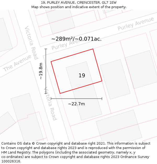 19, PURLEY AVENUE, CIRENCESTER, GL7 1EW: Plot and title map