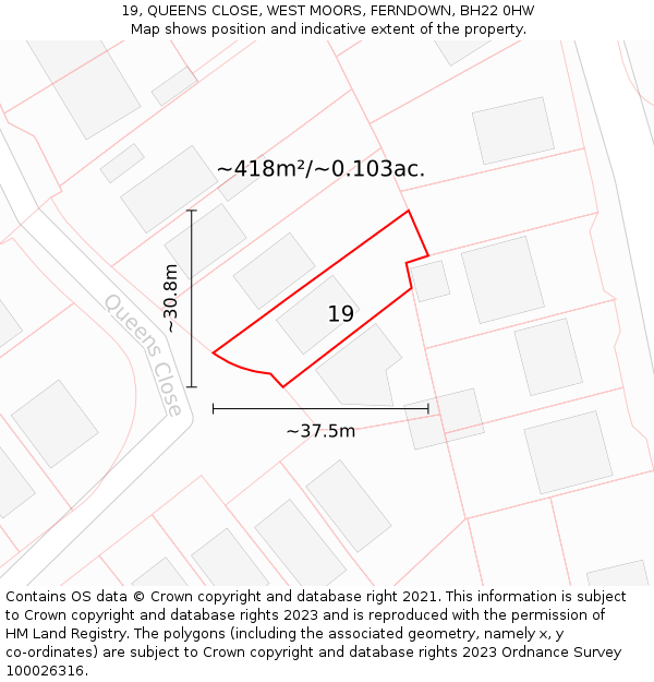 19, QUEENS CLOSE, WEST MOORS, FERNDOWN, BH22 0HW: Plot and title map
