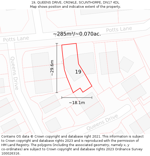 19, QUEENS DRIVE, CROWLE, SCUNTHORPE, DN17 4DL: Plot and title map
