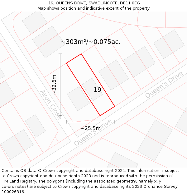 19, QUEENS DRIVE, SWADLINCOTE, DE11 0EG: Plot and title map