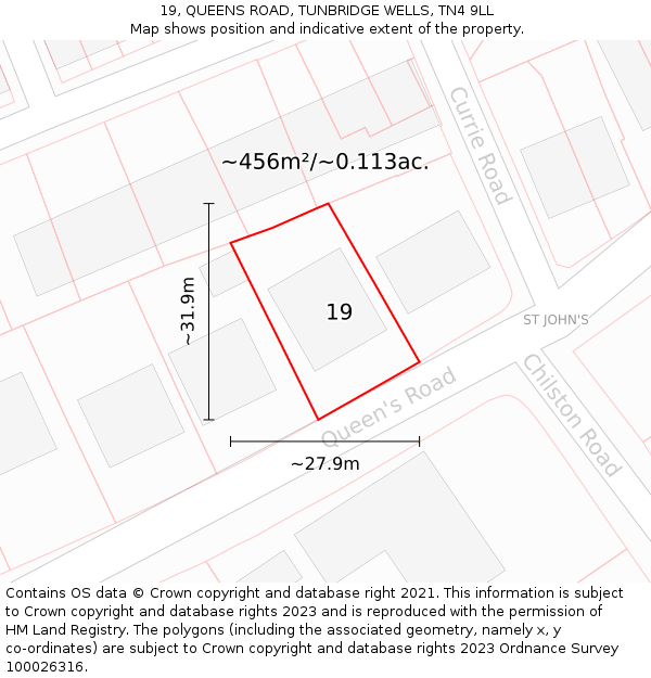 19, QUEENS ROAD, TUNBRIDGE WELLS, TN4 9LL: Plot and title map