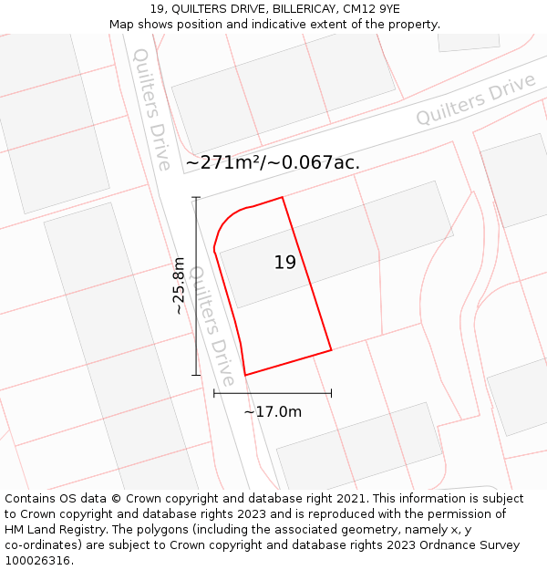 19, QUILTERS DRIVE, BILLERICAY, CM12 9YE: Plot and title map