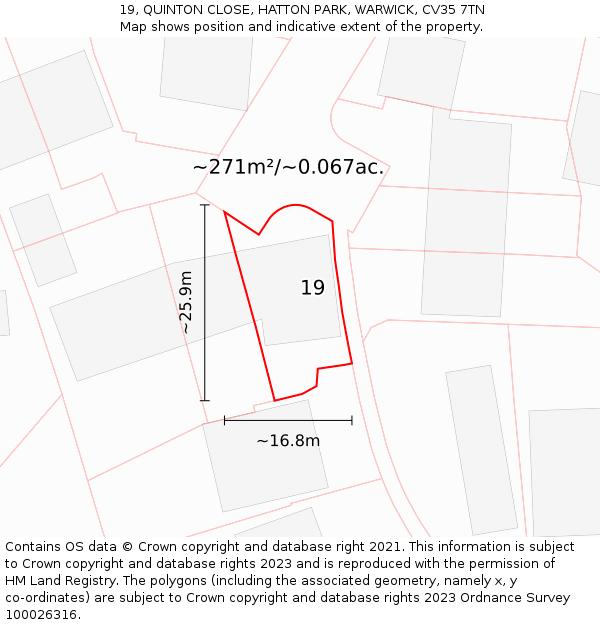 19, QUINTON CLOSE, HATTON PARK, WARWICK, CV35 7TN: Plot and title map