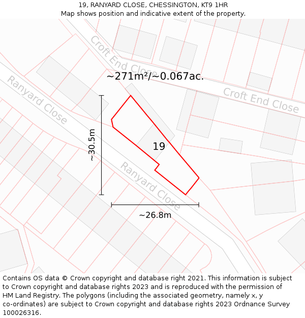 19, RANYARD CLOSE, CHESSINGTON, KT9 1HR: Plot and title map