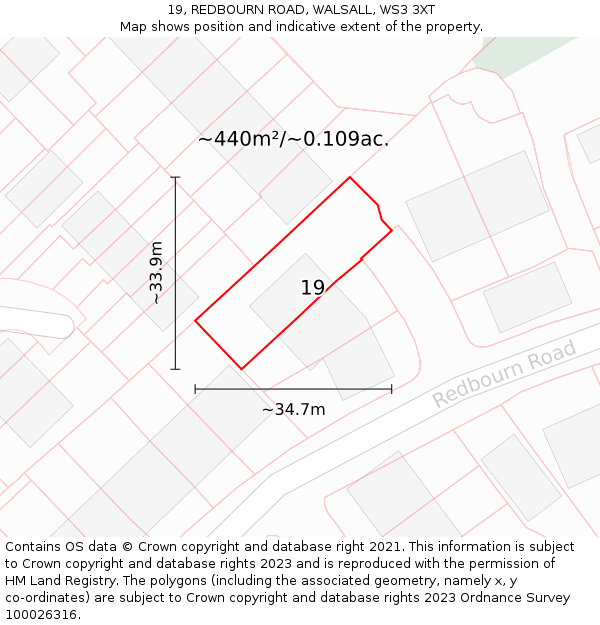 19, REDBOURN ROAD, WALSALL, WS3 3XT: Plot and title map