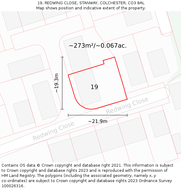 19, REDWING CLOSE, STANWAY, COLCHESTER, CO3 8AL: Plot and title map