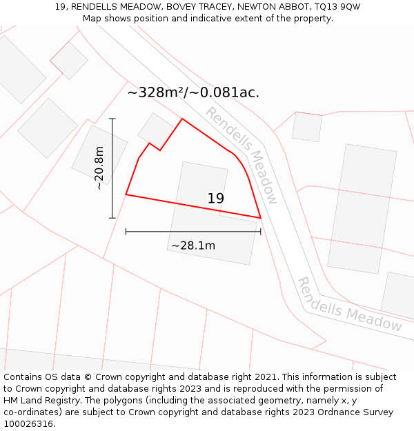 19, RENDELLS MEADOW, BOVEY TRACEY, NEWTON ABBOT, TQ13 9QW: Plot and title map