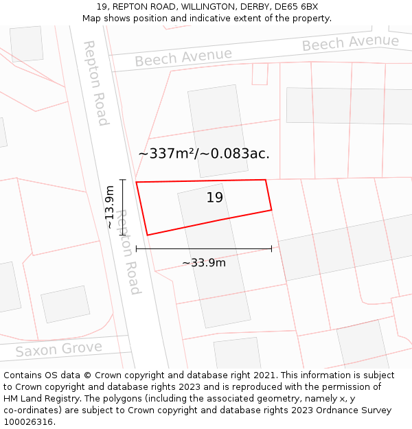 19, REPTON ROAD, WILLINGTON, DERBY, DE65 6BX: Plot and title map