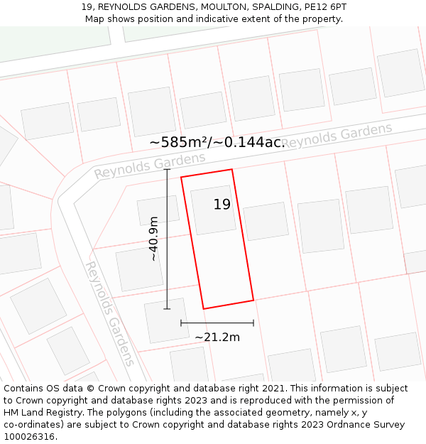 19, REYNOLDS GARDENS, MOULTON, SPALDING, PE12 6PT: Plot and title map