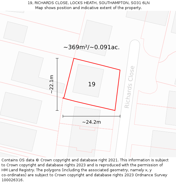 19, RICHARDS CLOSE, LOCKS HEATH, SOUTHAMPTON, SO31 6LN: Plot and title map