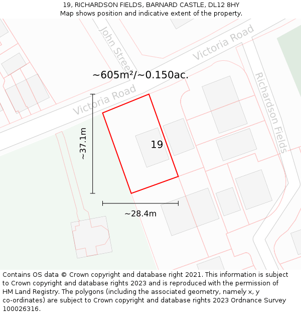 19, RICHARDSON FIELDS, BARNARD CASTLE, DL12 8HY: Plot and title map
