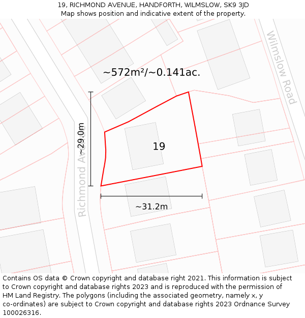 19, RICHMOND AVENUE, HANDFORTH, WILMSLOW, SK9 3JD: Plot and title map