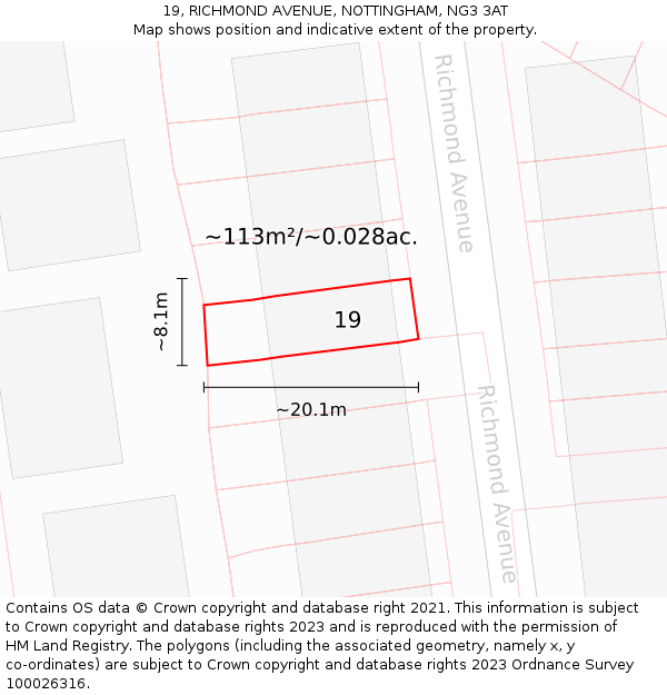 19, RICHMOND AVENUE, NOTTINGHAM, NG3 3AT: Plot and title map
