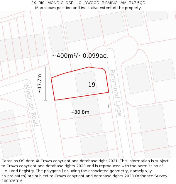 19, RICHMOND CLOSE, HOLLYWOOD, BIRMINGHAM, B47 5QD: Plot and title map