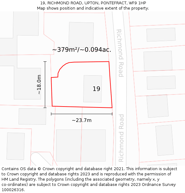19, RICHMOND ROAD, UPTON, PONTEFRACT, WF9 1HP: Plot and title map