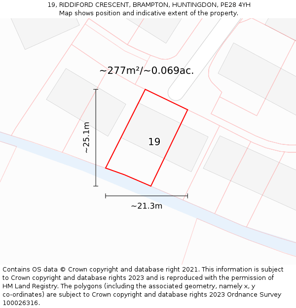 19, RIDDIFORD CRESCENT, BRAMPTON, HUNTINGDON, PE28 4YH: Plot and title map
