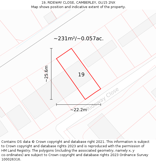 19, RIDEWAY CLOSE, CAMBERLEY, GU15 2NX: Plot and title map