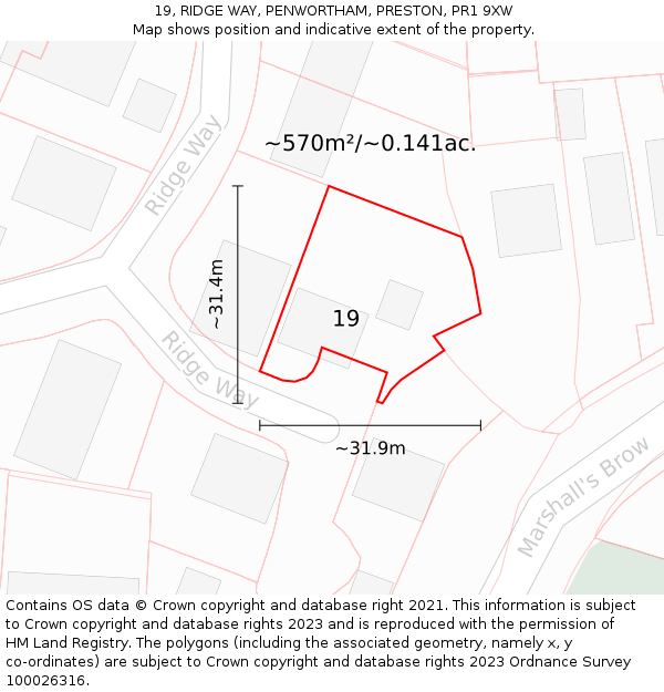 19, RIDGE WAY, PENWORTHAM, PRESTON, PR1 9XW: Plot and title map