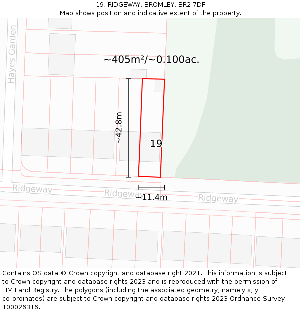19, RIDGEWAY, BROMLEY, BR2 7DF: Plot and title map