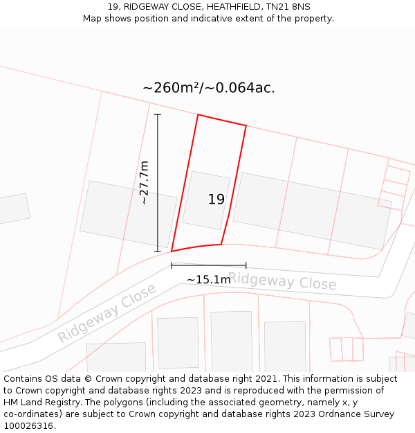 19, RIDGEWAY CLOSE, HEATHFIELD, TN21 8NS: Plot and title map
