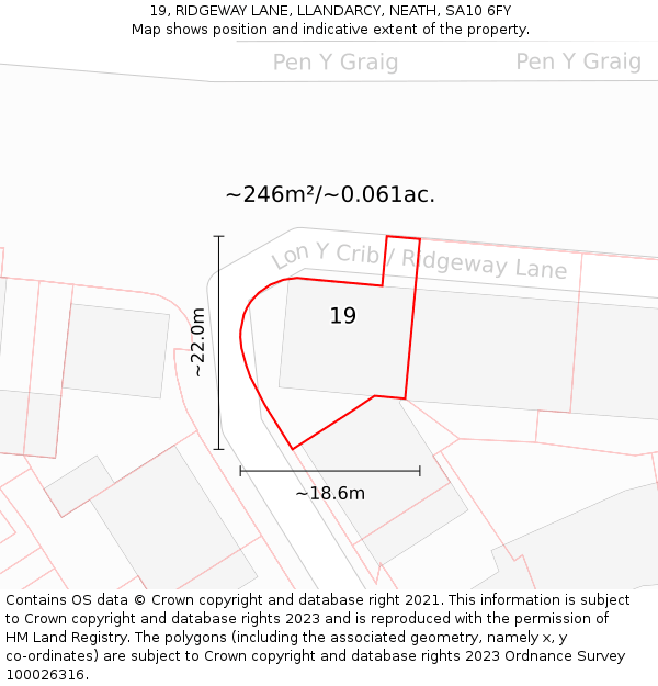 19, RIDGEWAY LANE, LLANDARCY, NEATH, SA10 6FY: Plot and title map