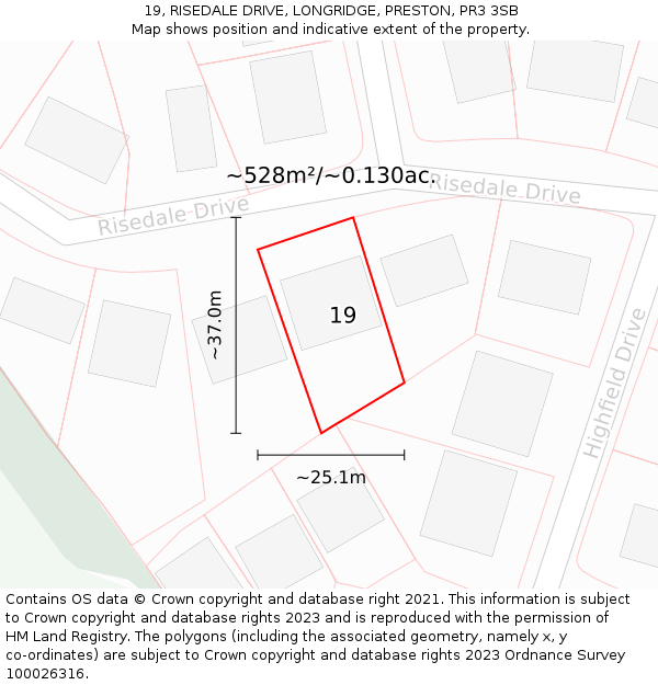 19, RISEDALE DRIVE, LONGRIDGE, PRESTON, PR3 3SB: Plot and title map