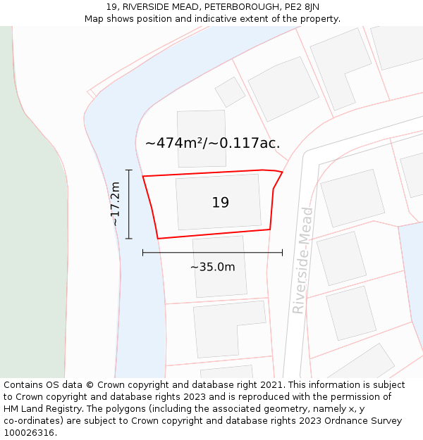 19, RIVERSIDE MEAD, PETERBOROUGH, PE2 8JN: Plot and title map