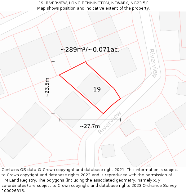 19, RIVERVIEW, LONG BENNINGTON, NEWARK, NG23 5JF: Plot and title map