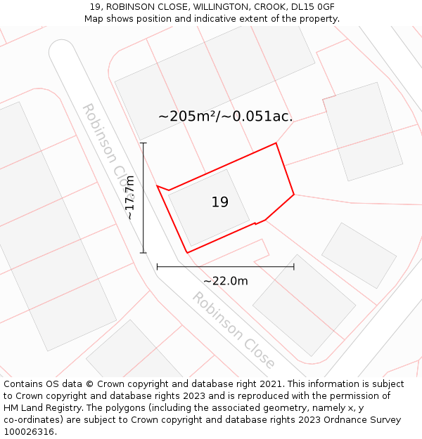 19, ROBINSON CLOSE, WILLINGTON, CROOK, DL15 0GF: Plot and title map