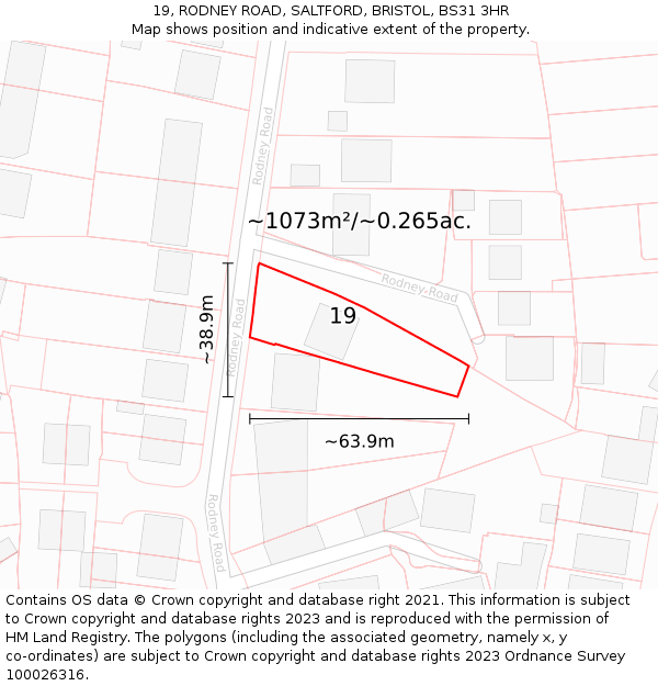 19, RODNEY ROAD, SALTFORD, BRISTOL, BS31 3HR: Plot and title map