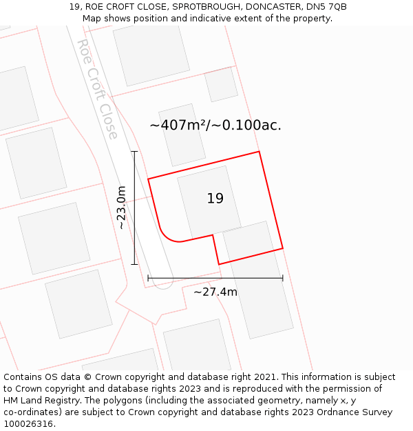 19, ROE CROFT CLOSE, SPROTBROUGH, DONCASTER, DN5 7QB: Plot and title map