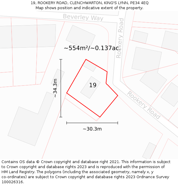 19, ROOKERY ROAD, CLENCHWARTON, KING'S LYNN, PE34 4EQ: Plot and title map