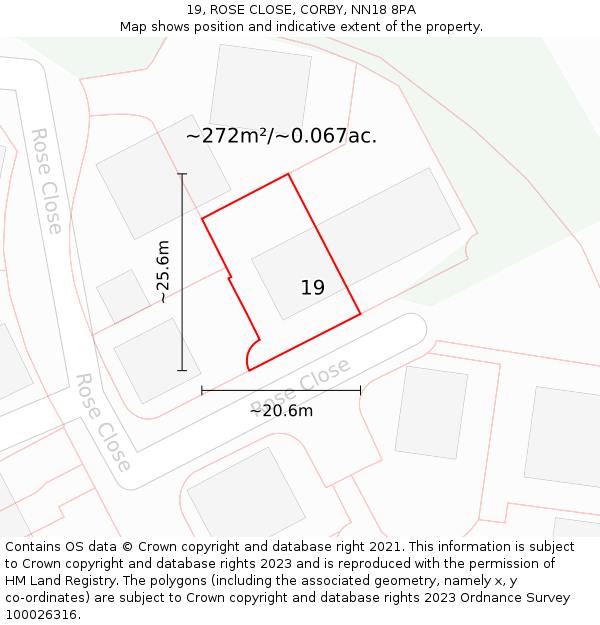 19, ROSE CLOSE, CORBY, NN18 8PA: Plot and title map