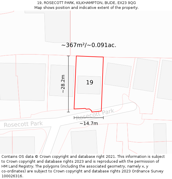 19, ROSECOTT PARK, KILKHAMPTON, BUDE, EX23 9QG: Plot and title map
