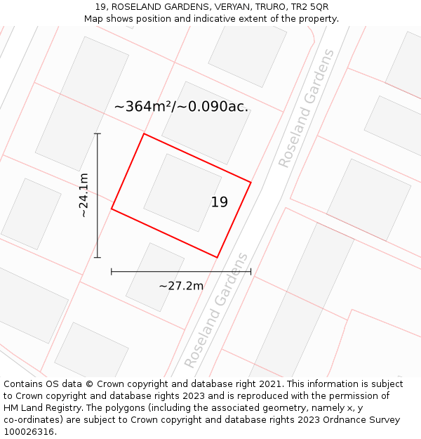 19, ROSELAND GARDENS, VERYAN, TRURO, TR2 5QR: Plot and title map