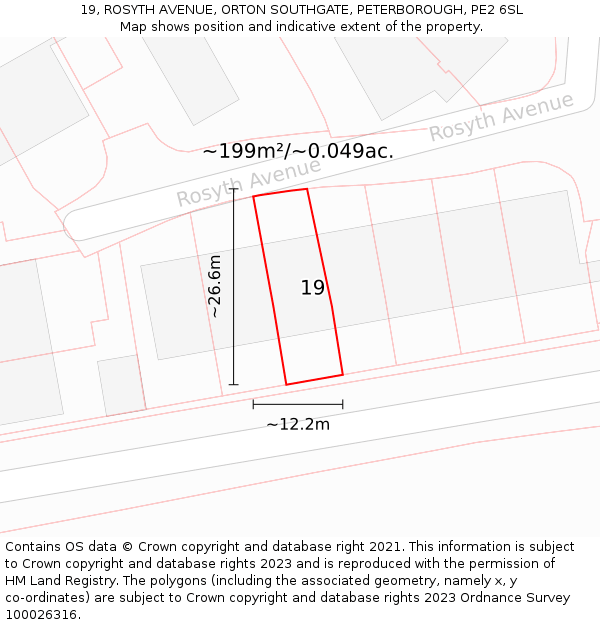 19, ROSYTH AVENUE, ORTON SOUTHGATE, PETERBOROUGH, PE2 6SL: Plot and title map