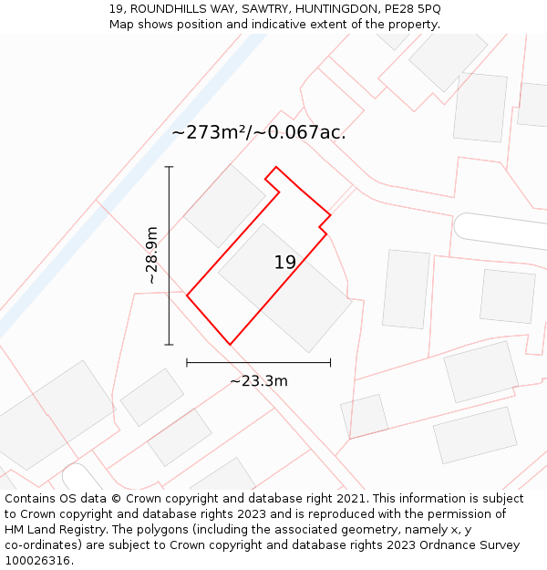 19, ROUNDHILLS WAY, SAWTRY, HUNTINGDON, PE28 5PQ: Plot and title map